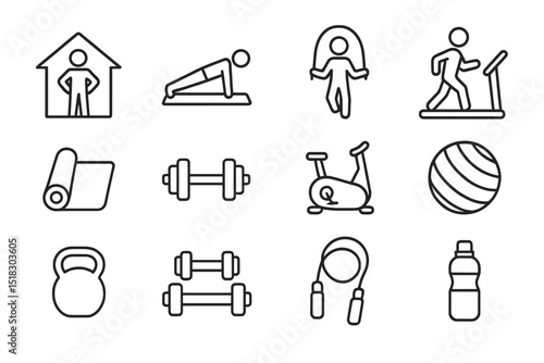Home workout equipment and exercises for fitness enthusiasts in a minimalist style suitable for various activities