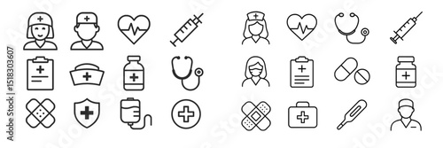 Health and medical care icons collection showcasing nurses, equipment, and essential healthcare symbols in a modern design