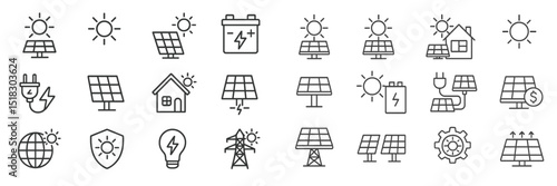 Solar energy icons illustrating renewable power sources and energy conservation methods in a creative graphic design layout
