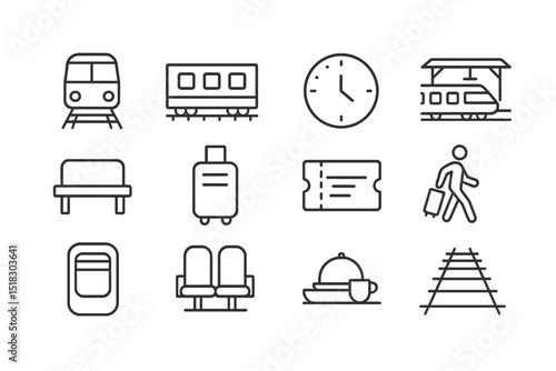 Icons depicting travel elements including trains, luggage, time, and tickets at a station