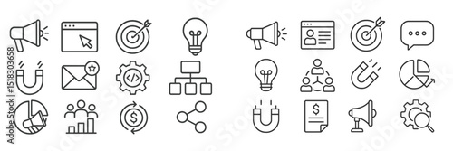 Numerous icons representing digital marketing tools and strategies in a clean, modern design suitable for various applications