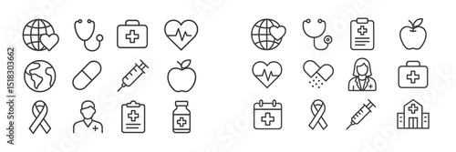 Health and wellness icons depicting various aspects of medicine and care in a minimalistic style