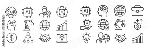 Icons representing artificial intelligence, business concepts, and technology advancements illustrated in a clean design style