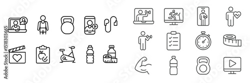 Health and fitness icons representing various activities and wellness practices in a digital format