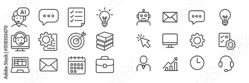 Collection of line icons representing digital communication, business tools, and artificial intelligence concepts in a minimalist design