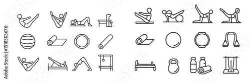 Workout icons presenting various fitness routines and equipment for physical training and exercise sessions at a gym or studio
