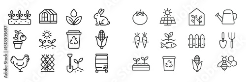 Collection of gardening icons showcasing plants, animals, and tools for sustainable gardening and home cultivation in a minimalistic style
