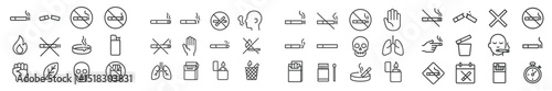 Collection of no smoking and health warning symbols displayed on signs and posters in a public area
