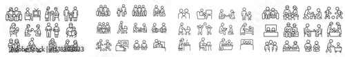 Stick figure illustrations depicting various social interactions in different settings throughout the day