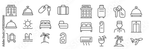 Icons representing hotel amenities, travel essentials, and activities at a tropical resort