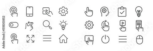 Collection of simple line icons depicting various technology and user interface actions in a digital setting