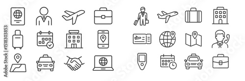 Travel and business icons illustrating airport, hotel, and transportation activities for modern travelers and professionals