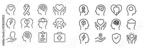 Mental health awareness symbols representing emotions, care, and compassion for diverse communities in a simplified design