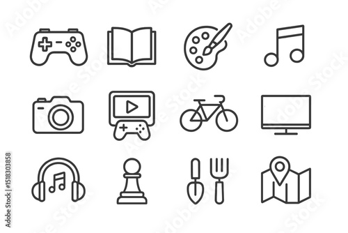 Diverse collection of icons representing hobbies and activities such as gaming, reading, music, and art in a minimalistic style