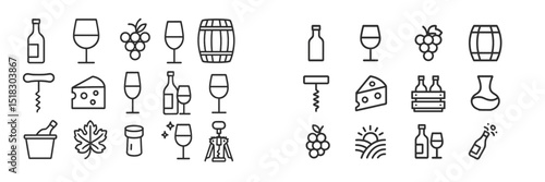 Collection of wine and cheese icons featuring glasses, bottles, and barrels for a cozy gathering or tasting event