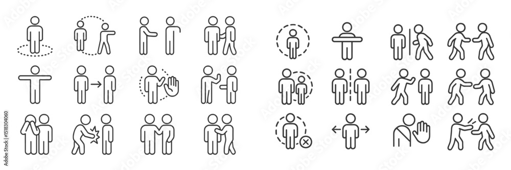 Stick figure illustrations showing various human interactions and body language concepts in a minimalist style