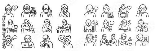 Illustrations depicting a range of emotions and activities among elderly individuals in various settings