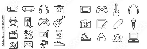 Icons representing various hobbies and activities related to entertainment and technology displayed on a light background