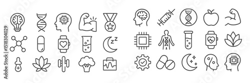 Infographic showcasing health and wellness icons representing various aspects of fitness, nutrition, and science