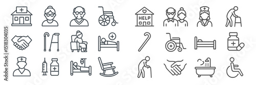 Collection of healthcare and assistance icons depicting care, support, and medical services for elderly patients and their caregivers