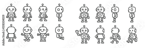 Cute cartoon robots showcasing different emotions and poses in a playful design suitable for children's content or animations