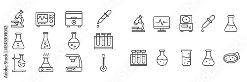 Scientific equipment icons illustrating laboratory tools and instruments for research and experiments in a sterile environment