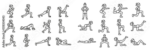Illustrations depict a series of fitness exercises performed by individuals in athletic outfits