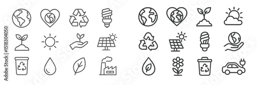 Icons representing environmental awareness and sustainability initiatives in a minimalistic design