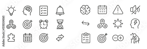 Visual representation of productivity concepts showcasing icons related to time management, focus, and brainstorming activities