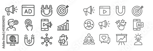 Digital marketing icons and symbols representing advertising strategies and audience engagement techniques
