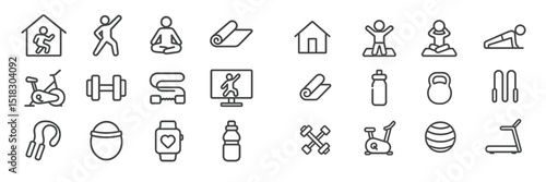 Fitness and wellness icons representing various activities and equipment for home workouts and yoga practices