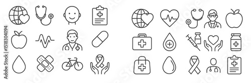 Health symbols and icons depicting wellness, medical care, and healthy living in a clear layout