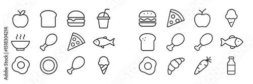 Diverse collection of food icons representing various meals and snacks in a simple line art style