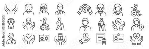 Icons representing care, health services, and support for elderly and disabled individuals in a simple line art style