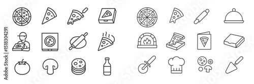 Collection of pizza-related icons showcasing various elements like ingredients, preparation tools, and dining experiences