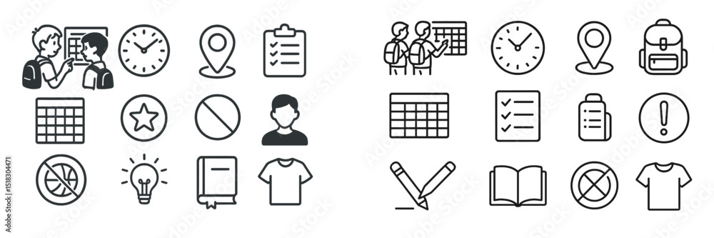 Icons representing school life and organization with students and educational elements in a simple black and white style Icons representing school life and organization with students and educational elements in a simple black and white style