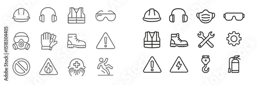 Construction safety equipment and icons illustrating workplace safety protocols and precautions in an industrial setting