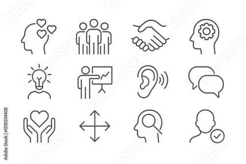 Icons representing various aspects of interpersonal relationships, communication, and teamwork in a professional setting