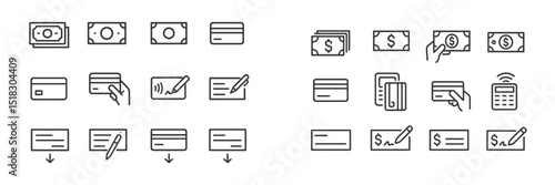 Various methods of payment illustrated in simple icons, showcasing cash, credit cards, and digital transactions