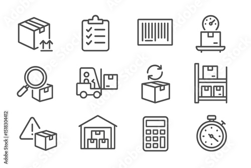 Collection of icons representing logistics and supply chain management activities in a warehouse setting