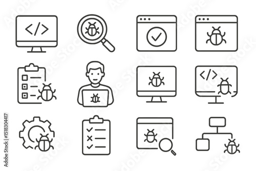 Collection of bug tracking and debugging icons in a minimalistic design for software development