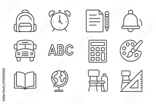 School supplies and learning tools arranged in a grid layout with icons representing education, ideal for back-to-school themes