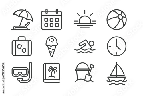 Summer vacation icons representing fun activities at the beach and leisure time spent in the sun