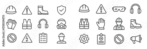 Safety equipment icons for workplace safety and health at construction sites in an organized layout