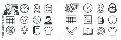 Icons representing school life and organization with students and educational elements in a simple black and white style