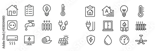 Home utility icons illustrating essential appliances, energy sources, and temperature control elements in a clear layout