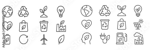Set of eco-friendly icons representing sustainability, recycling, and renewable energy concepts for environmental awareness