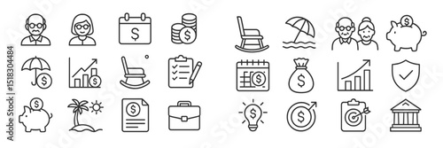 Collection of financial and retirement planning icons depicting various money-related activities and concepts