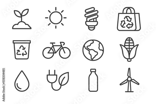 Eco-friendly symbols representing sustainability, renewable energy, and environmental awareness initiatives in a modern design