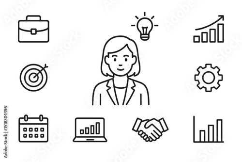 Business concepts illustrated with a professional woman in a modern workspace featuring various symbols of success and collaboration